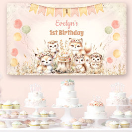 Woodland Animals Boho Pastel Meisje 1e Verjaardag Spandoek