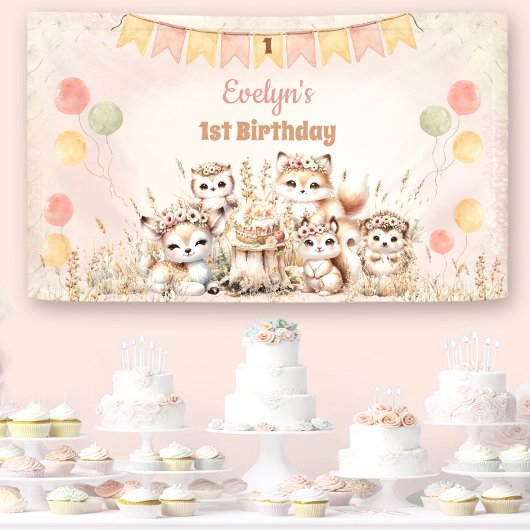 Woodland Animals Boho Pastel Meisje 1e Verjaardag Spandoek