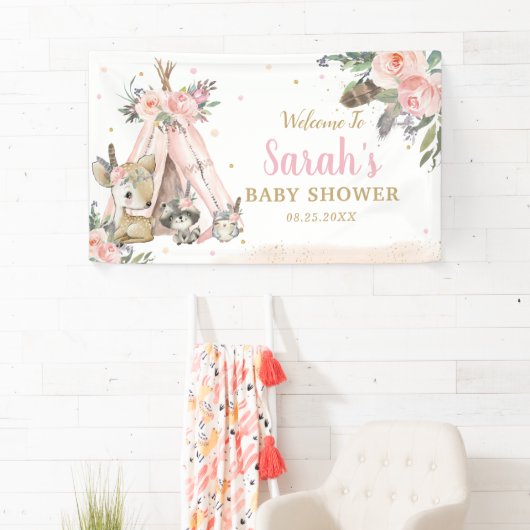 Woodland Animals Boho Tribal Welkomstachtergrond Spandoek (Insitu)