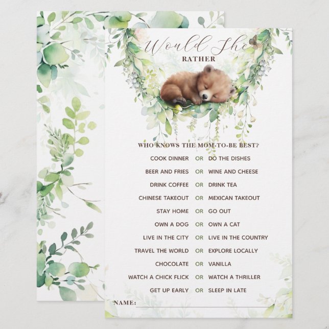 Woodland Animals Bos groen Baby shower spel (Voorkant / Achterkant)