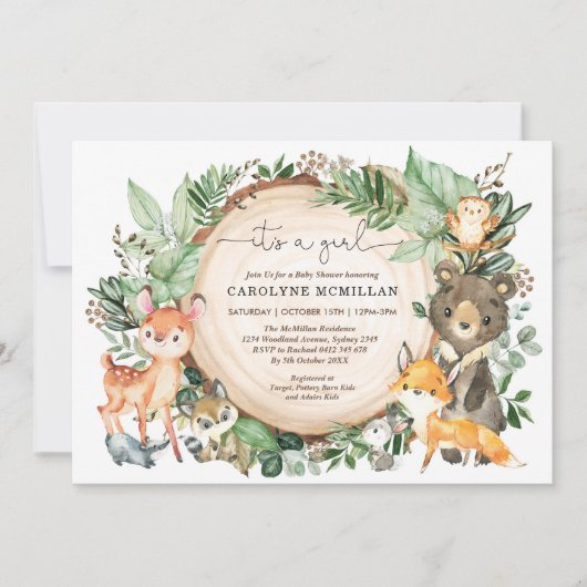 Woodland Animals Bos groen Meisje Baby shower Kaart (Voorkant)