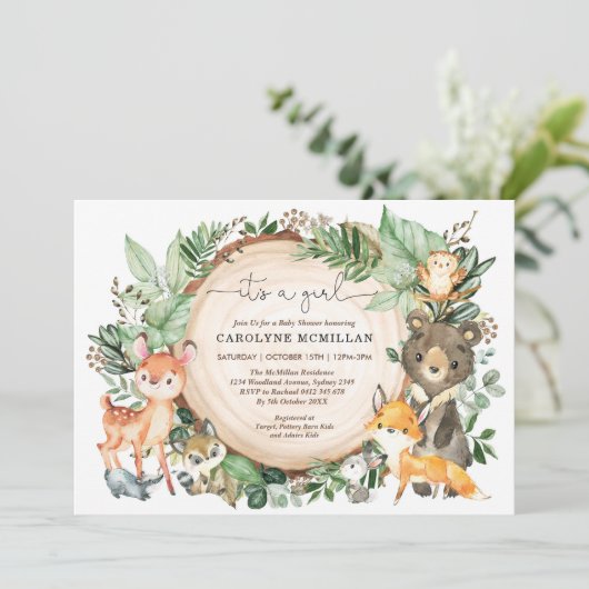 Woodland Animals Bos groen Meisje Baby shower Kaart (Staand voorkant)