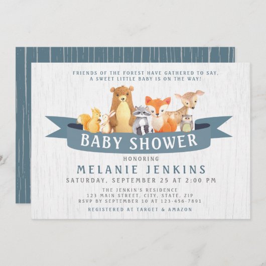 Woodland Animals Boy Baby shower Invitation Kaart (Voorkant / Achterkant)