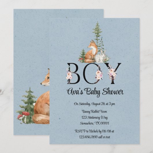 Woodland Animals Boy Baby shower Kaart (Voorkant / Achterkant)