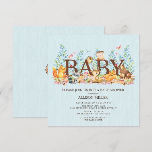 Woodland Animals Boys Baby shower Uitnodiging (Voorkant / Achterkant)