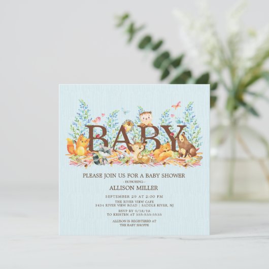 Woodland Animals Boys Baby shower Uitnodiging (Staand voorkant)