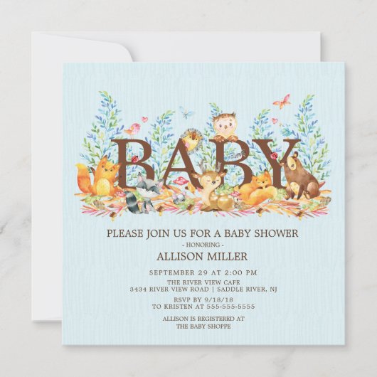 Woodland Animals Boys Baby shower Uitnodiging (Voorkant)
