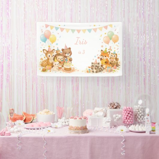 Woodland Animals Bunny Bear Fox Birthday Backdrop  Spandoek (Feest)