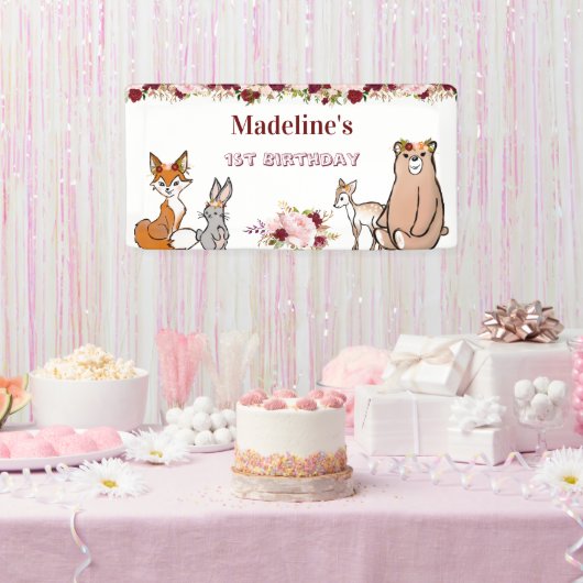 Woodland Animals Burgundy & Pink Floral Banner (Feest)