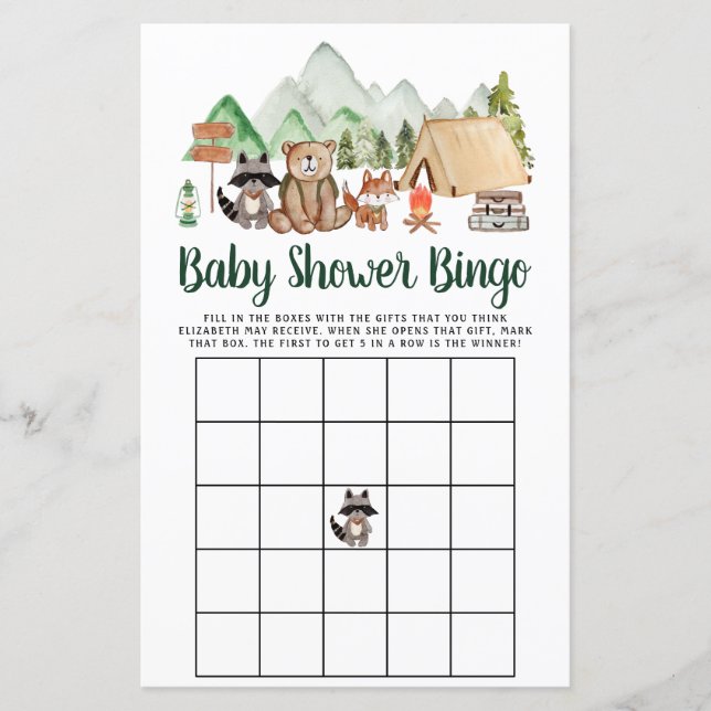 Woodland Animals Camping Baby shower Bingo Game (Voorkant)