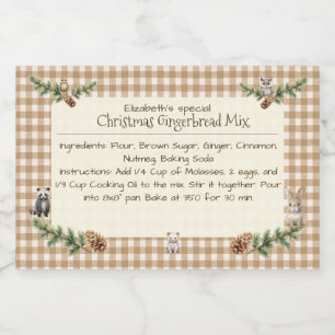 Woodland Animals Christmas Baking Mix Gingham Voedselcontainer Etiket