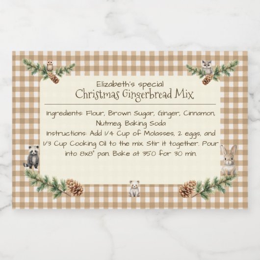 Woodland Animals Christmas Baking Mix Gingham Voedselcontainer Etiket (Enkel label)
