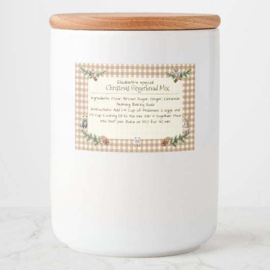 Woodland Animals Christmas Baking Mix Gingham Voedselcontainer Etiket (Voorkant)