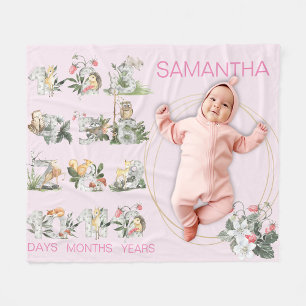Woodland Animals Custom Numbers Milestone Age Pink Fleece Deken