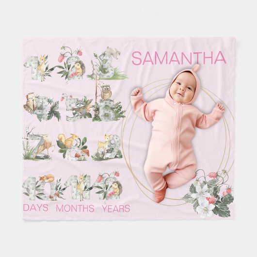 Woodland Animals Custom Numbers Milestone Age Pink Fleece Deken