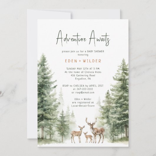 Woodland Animals Deer Baby Shower Invitation Kaart (Voorkant)