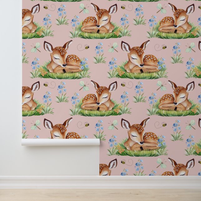 Woodland Animals Deer Fawn Baby Girl Nursery Behang (Applicatie)