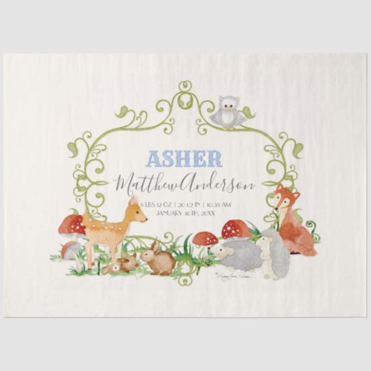 Woodland Animals Deer Fox Hegg Birth Stats Tissuepapier (Voorkant)