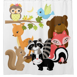 Woodland Animals Deer Fox Raccoon Beer Uil Douchegordijn
