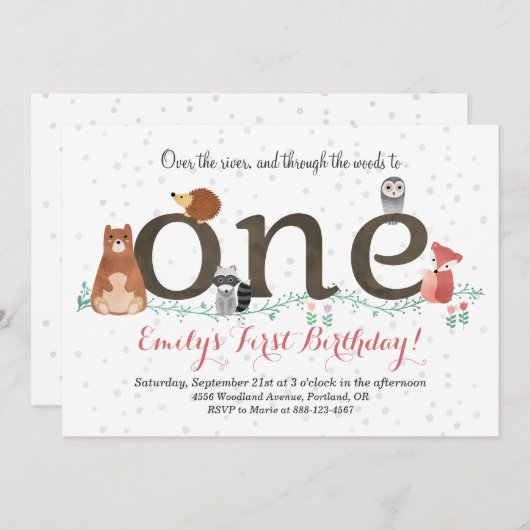 Woodland Animals eerste verjaardag uitnodiging (Voorkant / Achterkant)