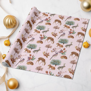 Woodland Animals en Birds Light Pink Background Cadeaupapier
