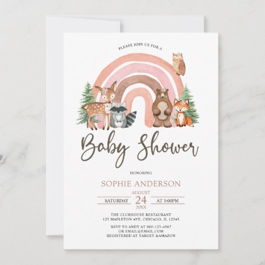 Woodland Animals en Boho Rainbow Baby shower Kaart (Voorkant)