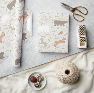 Woodland Animals en Leaf Pattern Beige Cadeaupapier