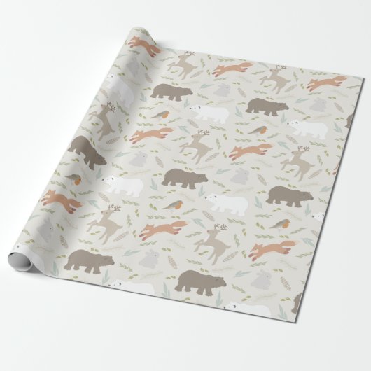 Woodland Animals en Leaf Pattern Beige Cadeaupapier (Uitgerold)