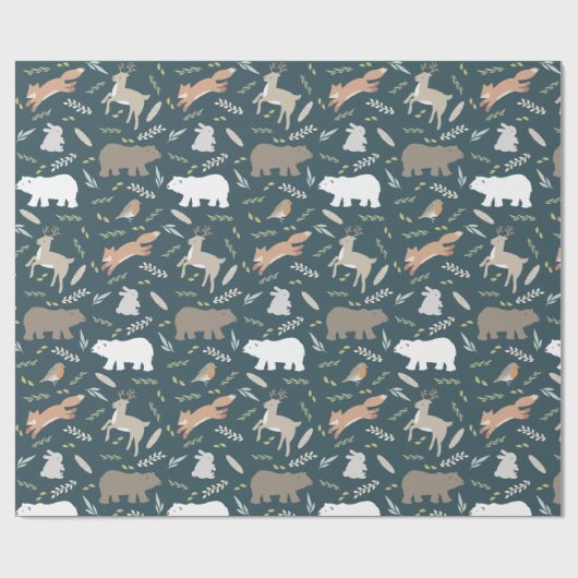 Woodland Animals en Leaf Pattern Navy Blue Cadeaupapier (Vlak)