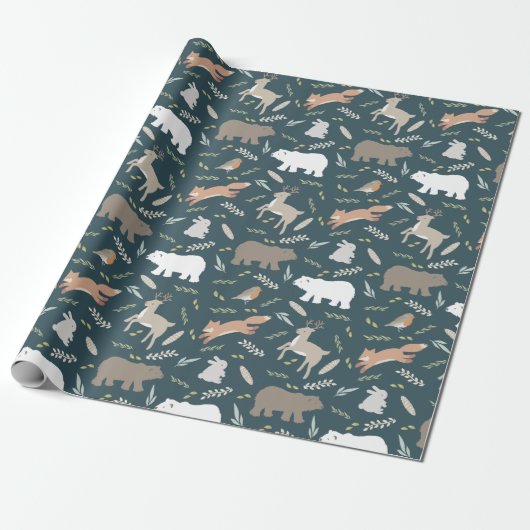 Woodland Animals en Leaf Pattern Navy Blue Cadeaupapier (Uitgerold)
