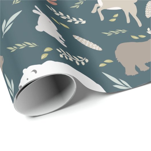 Woodland Animals en Leaf Pattern Navy Blue Cadeaupapier (Rol Hoek)