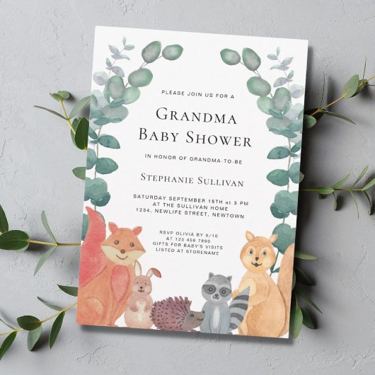 Woodland Animals Eucalyptus Grandma Baby shower Kaart