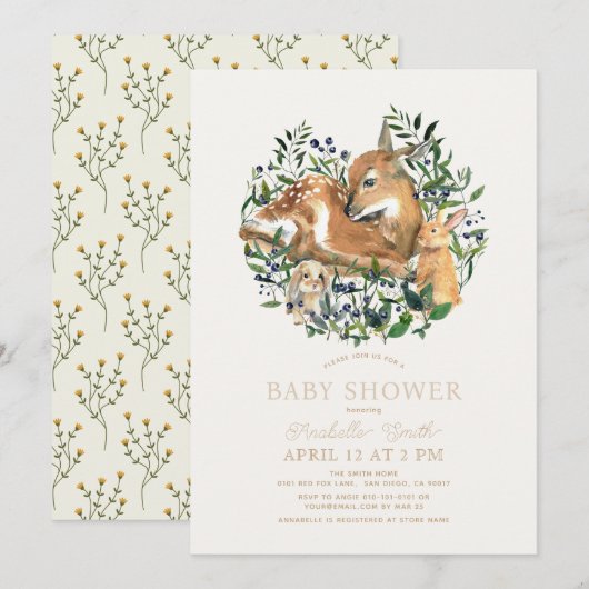Woodland Animals Fawn Bunny Green Baby shower Kaart (Voorkant / Achterkant)