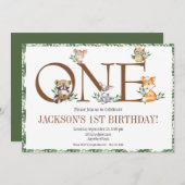 Woodland Animals First Birthday Greenery Kaart (Voorkant / Achterkant)