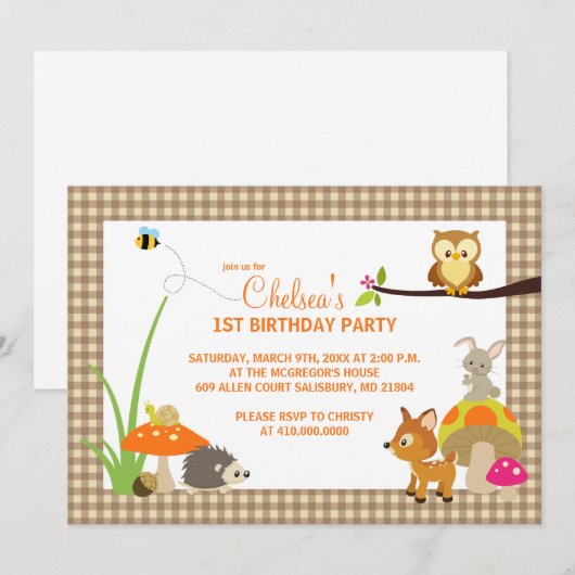 Woodland Animals First Birthday Invitation Kaart (Voorkant / Achterkant)