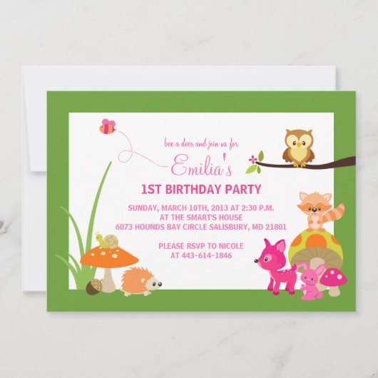 Woodland Animals First Birthday Invitation Kaart (Voorkant)