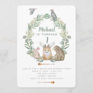 Woodland Animals First Birthday Party Invitation Kaart