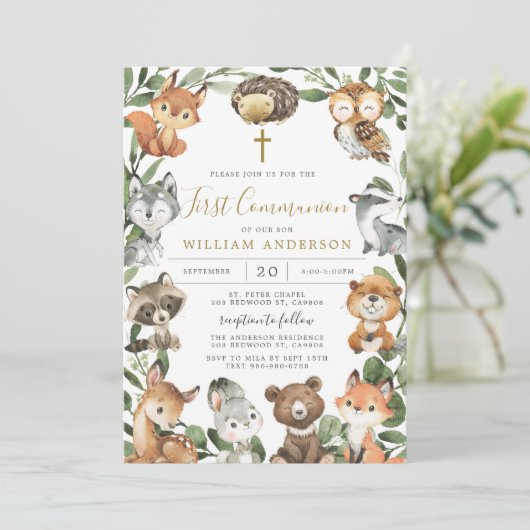 Woodland Animals First Community Invitation Kaart (Staand voorkant)