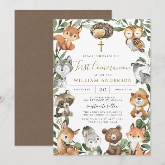 Woodland Animals First Community Invitation Kaart (Voorkant / Achterkant)