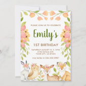 Woodland Animals Floral 1e verjaardagsfeest Kaart (Voorkant)