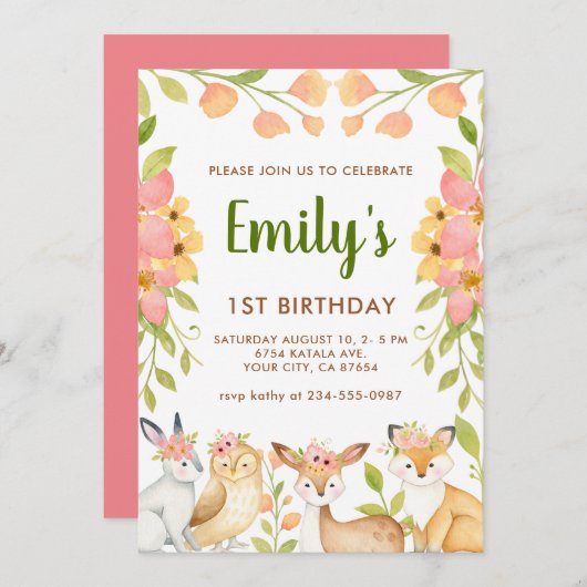 Woodland Animals Floral 1e verjaardagsfeest Kaart (Voorkant / Achterkant)