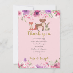 Woodland Animals Floral Baby shower Dank je wel ge Bedankkaart