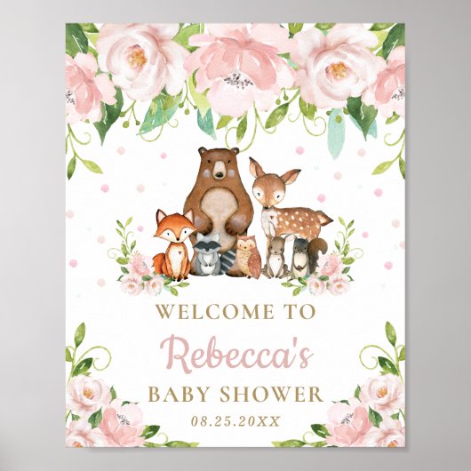 Woodland Animals Floral Baby shower Welcome Sign Poster (Voorkant)