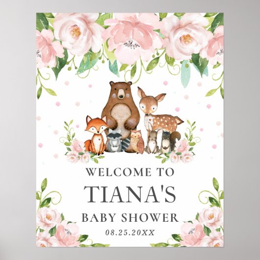 Woodland Animals Floral Baby shower Welcome Sign Poster (Voorkant)