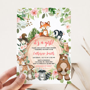 Woodland Animals Floral Wood Slice Baby shower Kaart