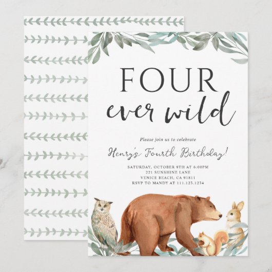 Woodland Animals Forest Birthday Party Invitation Kaart (Voorkant / Achterkant)