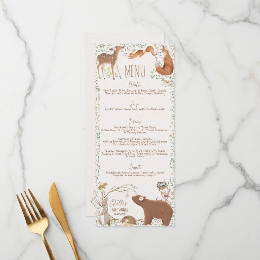 Woodland Animals Forest Friends Baby shower Menu (Voorkant / Achterkant in situ)