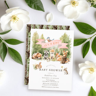 Woodland Animals Forest Girl Baby Shower Kaart