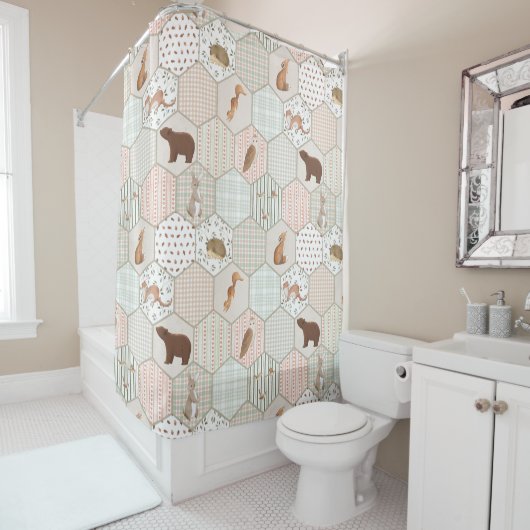 Woodland Animals Forest Patchwork Baby Shower Gift Douchegordijn (In situ)