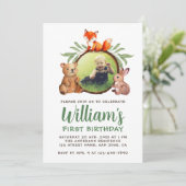 Woodland Animals Foto 1st Birthday Fox Beer Bunny Kaart (Staand voorkant)